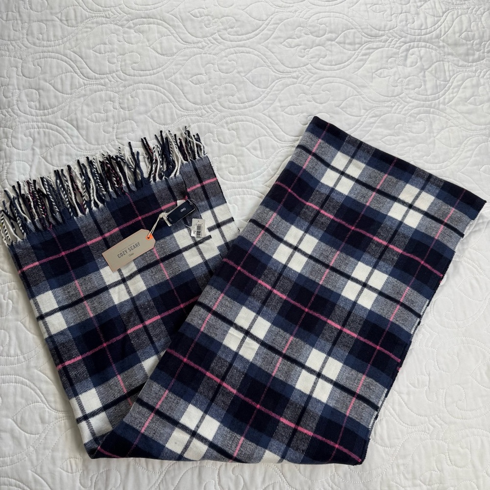 GAP Soft Cozy‎ Classic Plaid Navy Pink White Fringe 6'x2' Unisex Scarf Wrap NWT